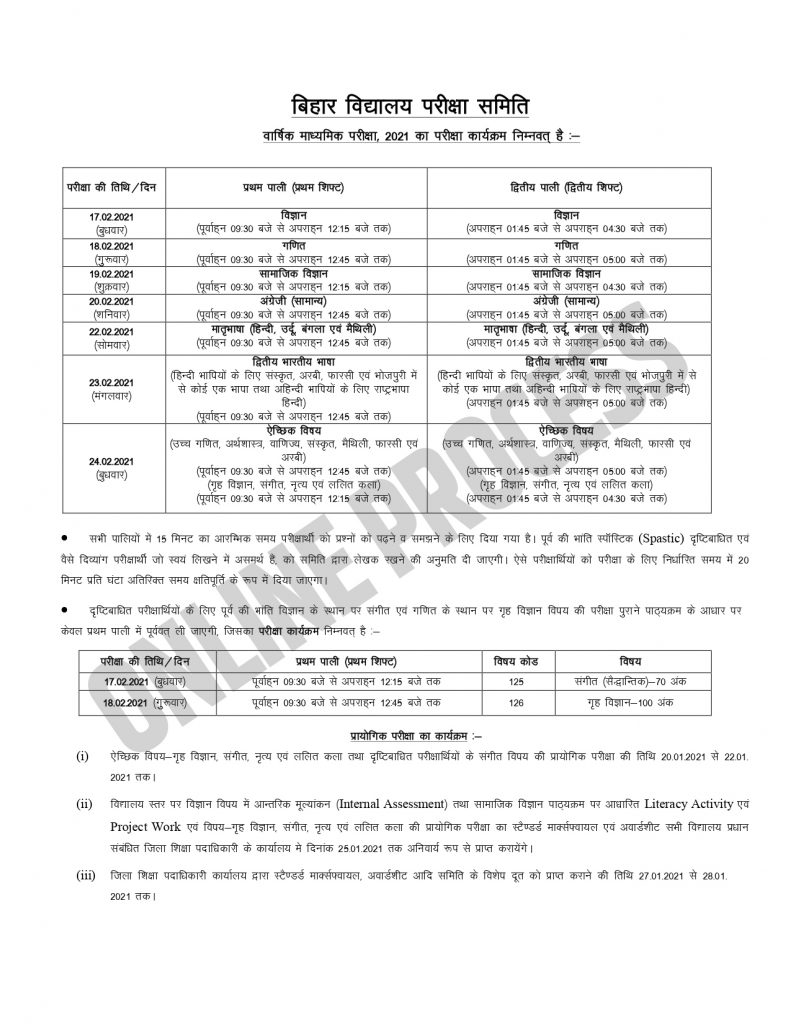 Bihar Board Exam Date 2021 Class 10 :: Matric Exam Time Table 2 Bihar Board Exam Date 2021 Class 10