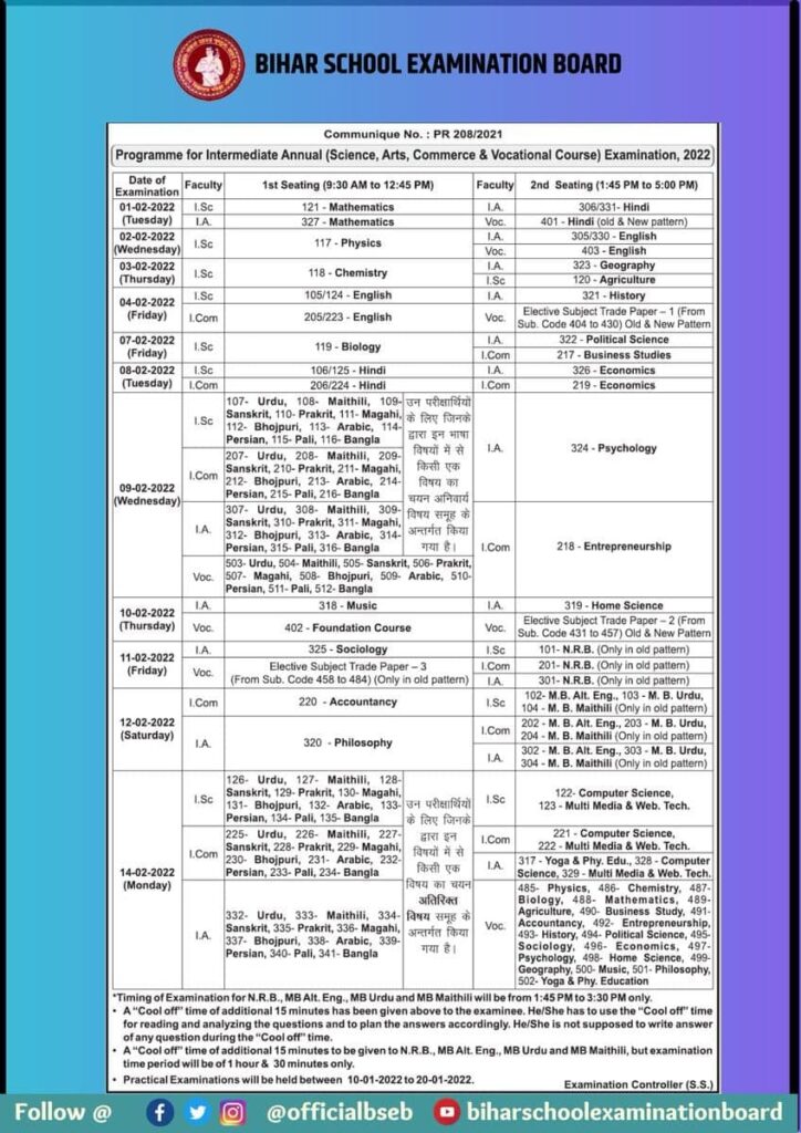 Bihar Board Time Table 2022 12th / Inter (IA, I.SC, I.COM)| Bihar Board 12th Exam Date 2022 for Arts, Commerce, Science - Check Now 4 Bihar Board Time Table 2022 12th / Inter (IA, I.SC, I.COM)
