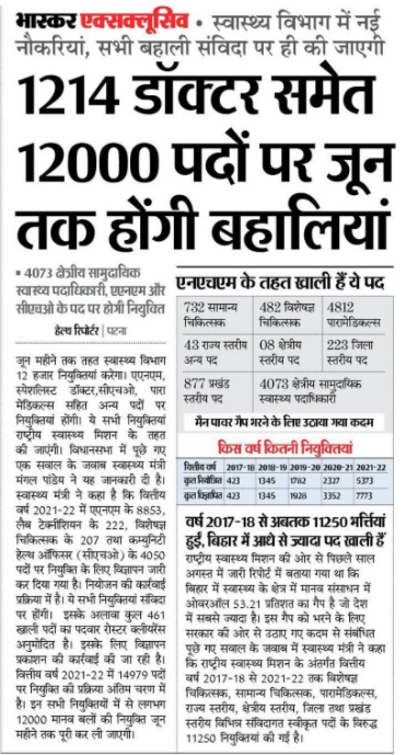 Bihar Health Department Recruitment 2022: बिहार स्वास्थ्य विभाग में 12,000+ पदों पर होगा भर्ती, जाने पूरी जानकरी 3 Bihar Health Department Recruitment 2022: बिहार स्वास्थ्य विभाग में 12,000+ पदों पर होगा भर्ती, जाने पूरी जानकरी
