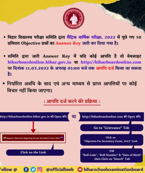 Bihar Board 10th Answer Key of Objective Question 2022 – Matric Answer Key