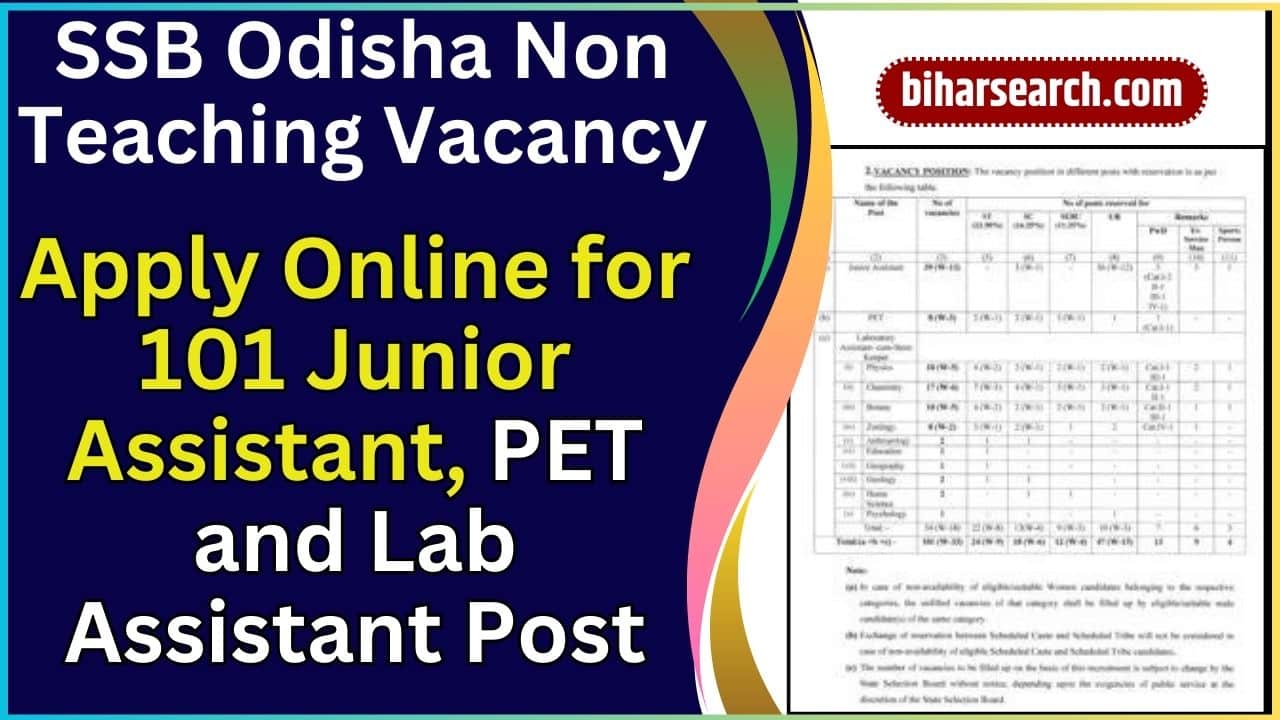 SSB Odisha Non Teaching Vacancy 2024 Apply Online for 101 Junior Assistant, PET and Lab Assistant Post Full Information 2 SSB Odisha Non Teaching Vacancy